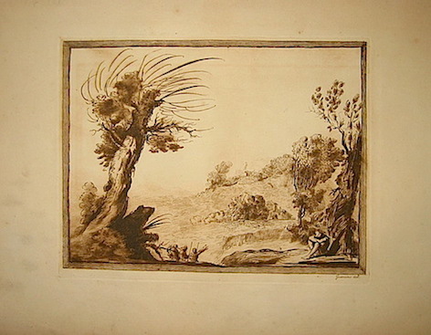 Basire James (1730-1802) (Paesaggio con due grandi alberi laterali e, a destra, un uomo accovacciato all'ombra) 1800 ca. Londra, presso J. & J. Boydell